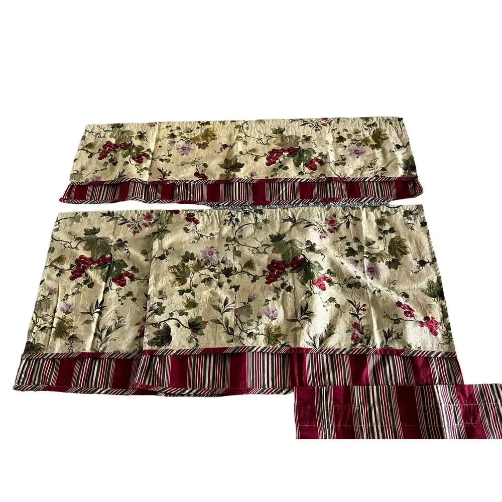 Window Treatments Custom 8 Pc Valance Tier Curtains Gold Red Green Grapes Stripe